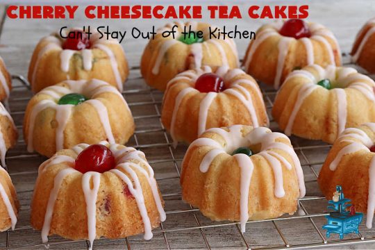 Cherry Cheesecake Tea Cakes | Can't Stay Out of the Kitchen | These miniature #Bundt #cakes will knock your socks off! They're filled with red & green #cherries & flavored with #almond extract, #CreamCheese & #Cheesecake #PuddingMix. Great #holiday or #Christmas #dessert. #CherryDessert #HolidayDessert #TeaCakes #CherryCheesecakeTeaCakes