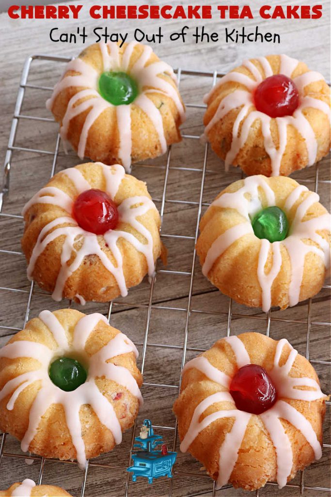 Cherry Cheesecake Tea Cakes | Can't Stay Out of the Kitchen | These miniature #Bundt #cakes will knock your socks off! They're filled with red & green #cherries & flavored with #almond extract, #CreamCheese & #Cheesecake #PuddingMix. Great #holiday or #Christmas #dessert. #CherryDessert #HolidayDessert #TeaCakes #CherryCheesecakeTeaCakes