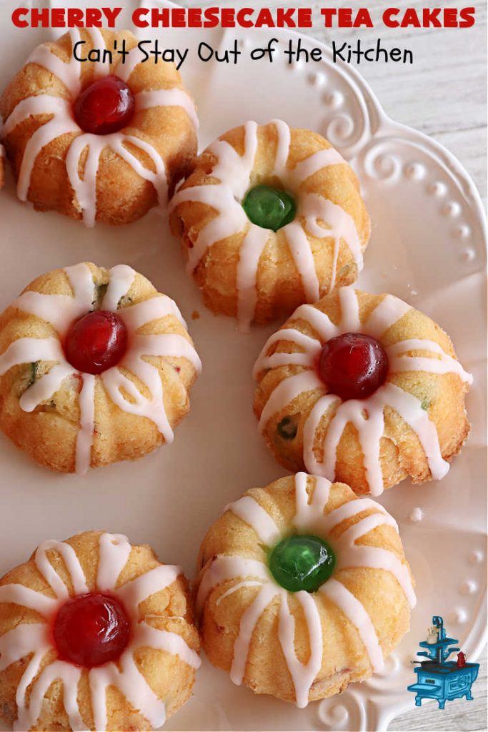 Cherry Cheesecake Tea Cakes | Can't Stay Out of the Kitchen | These miniature #Bundt #cakes will knock your socks off! They're filled with red & green #cherries & flavored with #almond extract, #CreamCheese & #Cheesecake #PuddingMix. Great #holiday or #Christmas #dessert. #CherryDessert #HolidayDessert #TeaCakes #CherryCheesecakeTeaCakes