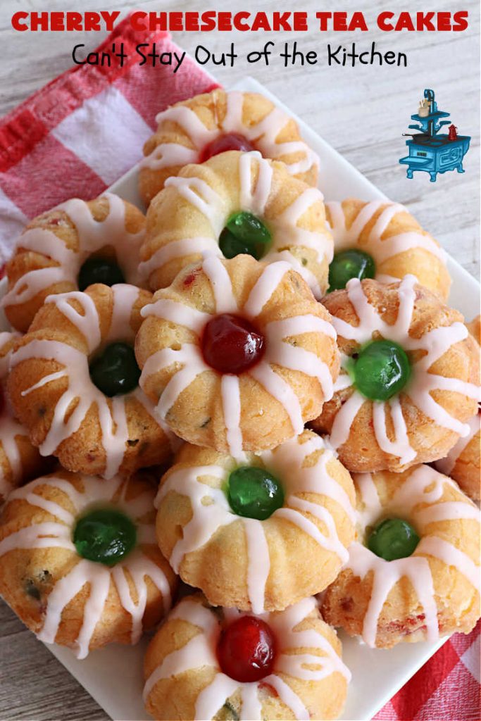 Cherry Cheesecake Tea Cakes | Can't Stay Out of the Kitchen | These miniature #Bundt #cakes will knock your socks off! They're filled with red & green #cherries & flavored with #almond extract, #CreamCheese & #Cheesecake #PuddingMix. Great #holiday or #Christmas #dessert. #CherryDessert #HolidayDessert #TeaCakes #CherryCheesecakeTeaCakes