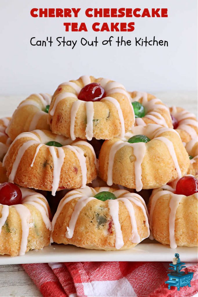 Cherry Cheesecake Tea Cakes | Can't Stay Out of the Kitchen | These miniature #Bundt #cakes will knock your socks off! They're filled with red & green #cherries & flavored with #almond extract, #CreamCheese & #Cheesecake #PuddingMix. Great #holiday or #Christmas #dessert. #CherryDessert #HolidayDessert #TeaCakes #CherryCheesecakeTeaCakes