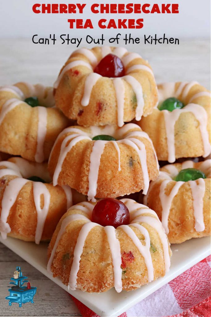 Cherry Cheesecake Tea Cakes | Can't Stay Out of the Kitchen | These miniature #Bundt #cakes will knock your socks off! They're filled with red & green #cherries & flavored with #almond extract, #CreamCheese & #Cheesecake #PuddingMix. Great #holiday or #Christmas #dessert. #CherryDessert #HolidayDessert #TeaCakes #CherryCheesecakeTeaCakes