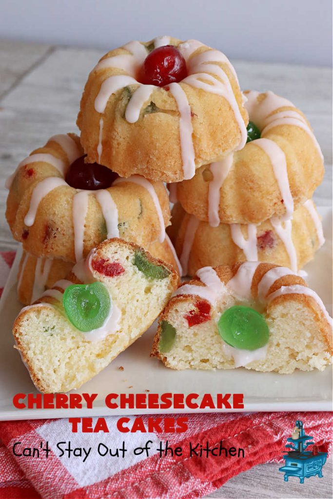 Cherry Cheesecake Tea Cakes | Can't Stay Out of the Kitchen | These miniature #Bundt #cakes will knock your socks off! They're filled with red & green #cherries & flavored with #almond extract, #CreamCheese & #Cheesecake #PuddingMix. Great #holiday or #Christmas #dessert. #CherryDessert #HolidayDessert #TeaCakes #CherryCheesecakeTeaCakes