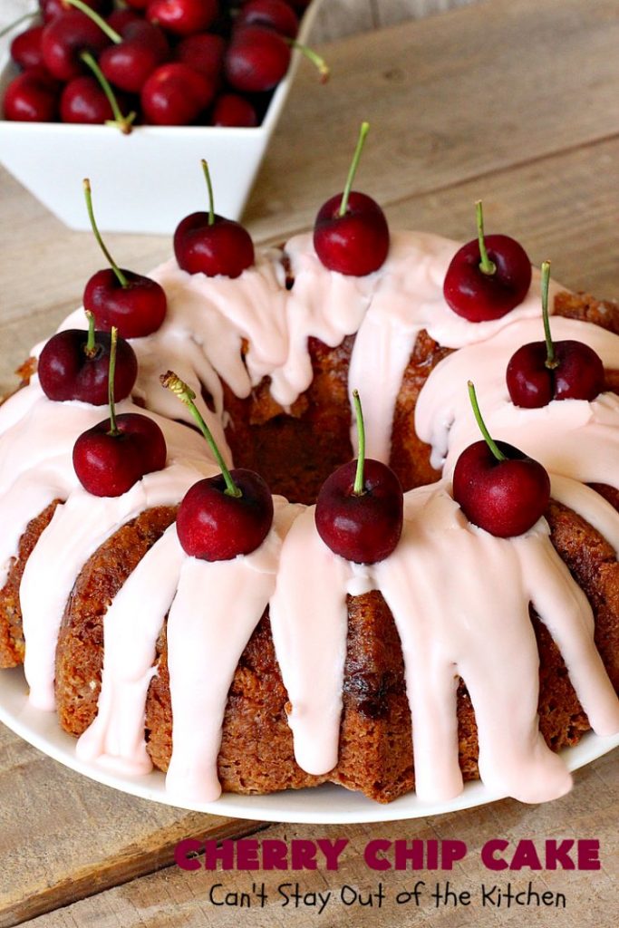 Cherry Chip Cake | Can't Stay Out of the Kitchen | this #dessert is rich & decadent. It uses #FreshCherries & #VanillaChips which dissolve into the #cake while #baking. The flavors of #cherry & #vanilla just pop in this heavenly cake. Make it now while #cherries are in season! #CakeMix #CherryChipCake #CherryChipCakeMix #CherryDessert #FreshCherryCake #Canbassador #NWCherries #NorthwestCherryGrowers