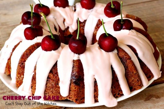 Cherry Chip Cake | Can't Stay Out of the Kitchen | this #dessert is rich & decadent. It uses #FreshCherries & #VanillaChips which dissolve into the #cake while #baking. The flavors of #cherry & #vanilla just pop in this heavenly cake. Make it now while #cherries are in season! #CakeMix #CherryChipCake #CherryChipCakeMix #CherryDessert #FreshCherryCake #Canbassador #NWCherries #NorthwestCherryGrowers
