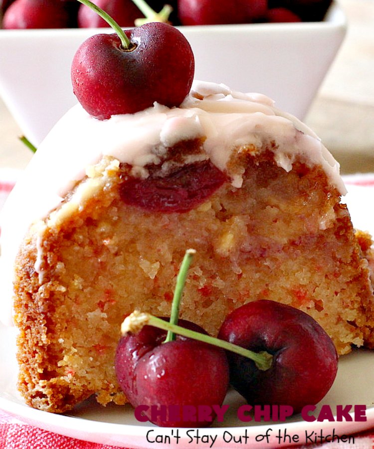 Cherry Chip Cake | Can't Stay Out of the Kitchen | this #dessert is rich & decadent. It uses #FreshCherries & #VanillaChips which dissolve into the #cake while #baking. The flavors of #cherry & #vanilla just pop in this heavenly cake. Make it now while #cherries are in season! #CakeMix #CherryChipCake #CherryChipCakeMix #CherryDessert #FreshCherryCake #Canbassador #NWCherries #NorthwestCherryGrowers