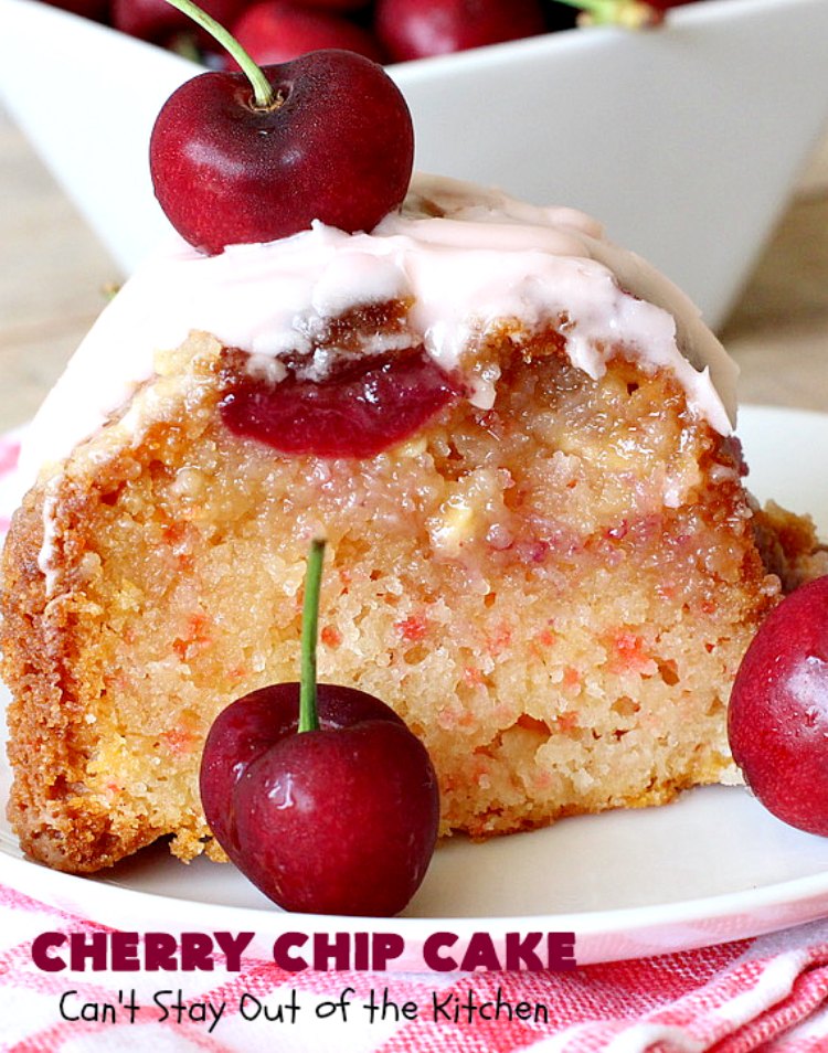 Cherry Chip Cake | Can't Stay Out of the Kitchen | this #dessert is rich & decadent. It uses #FreshCherries & #VanillaChips which dissolve into the #cake while #baking. The flavors of #cherry & #vanilla just pop in this heavenly cake. Make it now while #cherries are in season! #CakeMix #CherryChipCake #CherryChipCakeMix #CherryDessert #FreshCherryCake #Canbassador #NWCherries #NorthwestCherryGrowers