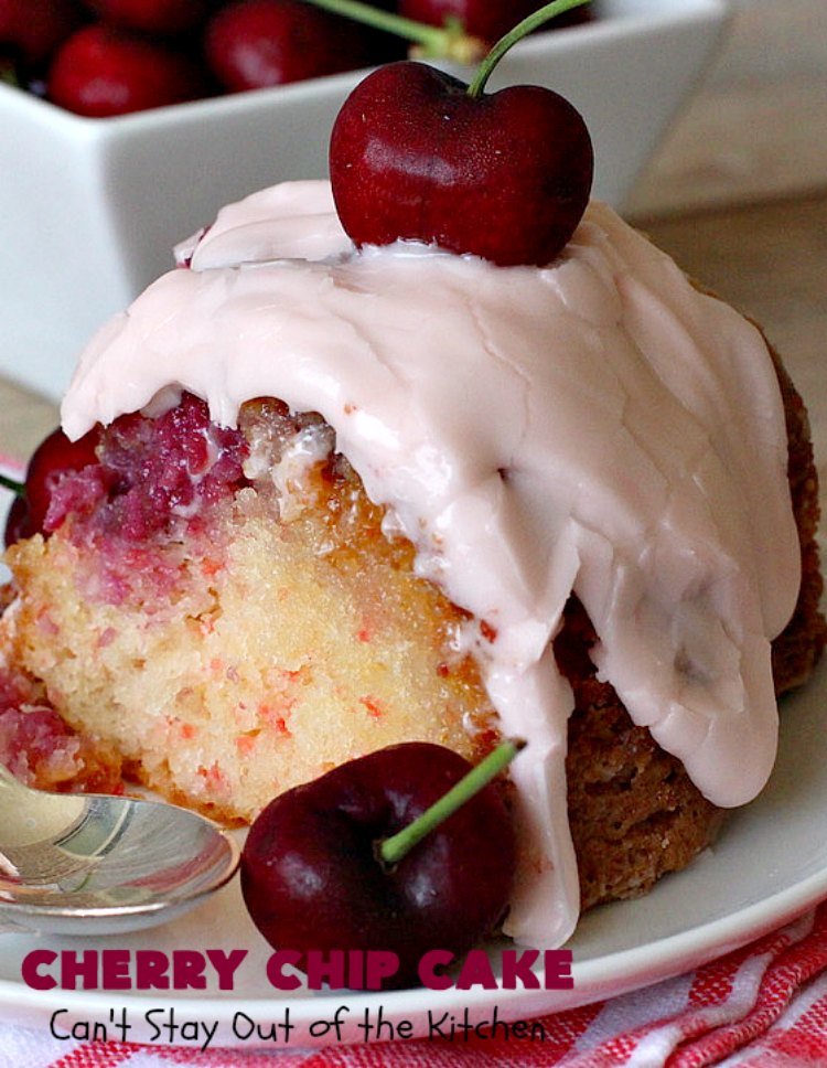 Cherry Chip Cake | Can't Stay Out of the Kitchen | this #dessert is rich & decadent. It uses #FreshCherries & #VanillaChips which dissolve into the #cake while #baking. The flavors of #cherry & #vanilla just pop in this heavenly cake. Make it now while #cherries are in season! #CakeMix #CherryChipCake #CherryChipCakeMix #CherryDessert #FreshCherryCake #Canbassador #NWCherries #NorthwestCherryGrowers