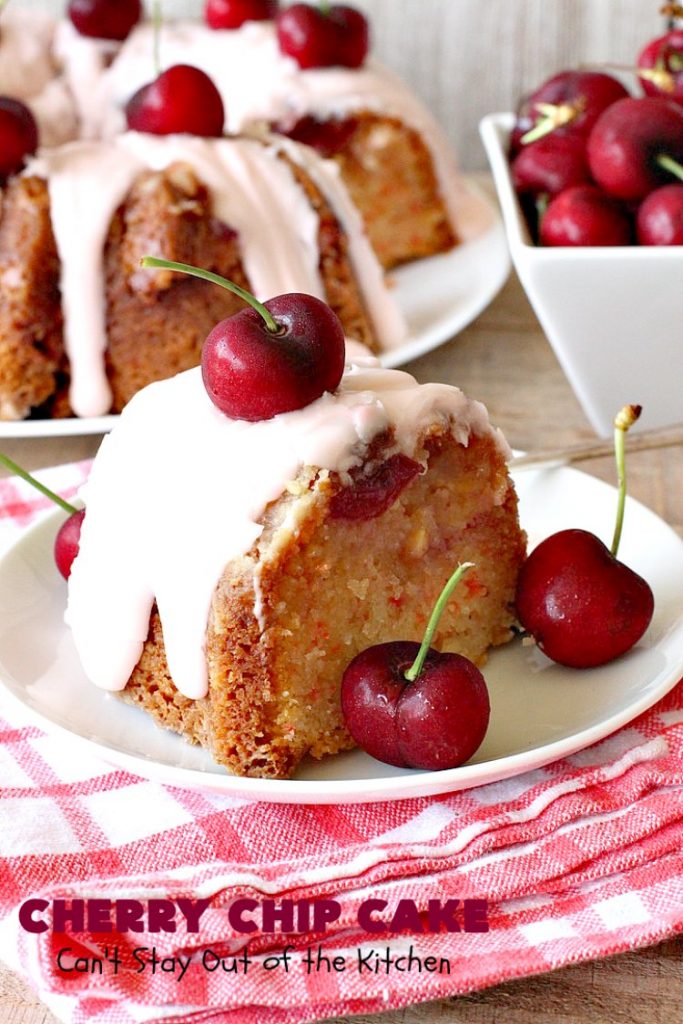 Cherry Chip Cake | Can't Stay Out of the Kitchen | this #dessert is rich & decadent. It uses #FreshCherries & #VanillaChips which dissolve into the #cake while #baking. The flavors of #cherry & #vanilla just pop in this heavenly cake. Make it now while #cherries are in season! #CakeMix #CherryChipCake #CherryChipCakeMix #CherryDessert #FreshCherryCake #Canbassador #NWCherries #NorthwestCherryGrowers