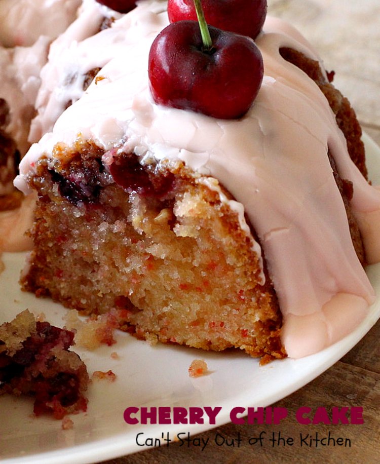 Cherry Chip Cake | Can't Stay Out of the Kitchen | this #dessert is rich & decadent. It uses #FreshCherries & #VanillaChips which dissolve into the #cake while #baking. The flavors of #cherry & #vanilla just pop in this heavenly cake. Make it now while #cherries are in season! #CakeMix #CherryChipCake #CherryChipCakeMix #CherryDessert #FreshCherryCake #Canbassador #NWCherries #NorthwestCherryGrowers