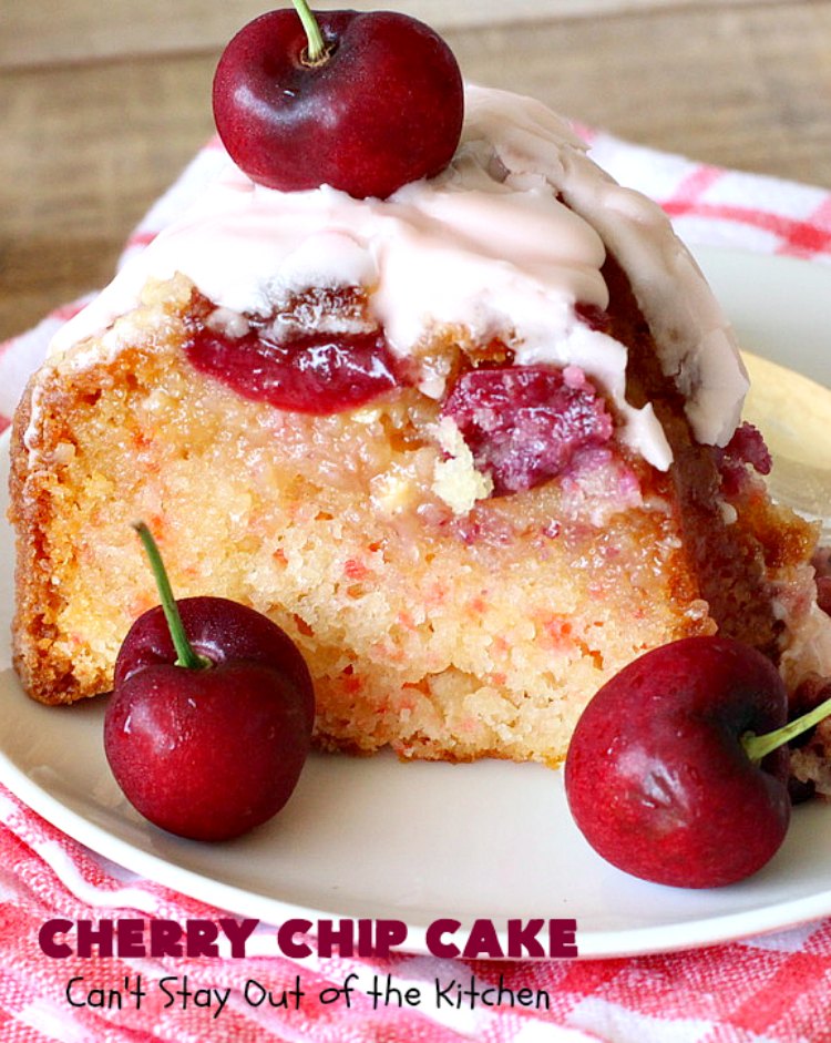 Cherry Chip Cake | Can't Stay Out of the Kitchen | this #dessert is rich & decadent. It uses #FreshCherries & #VanillaChips which dissolve into the #cake while #baking. The flavors of #cherry & #vanilla just pop in this heavenly cake. Make it now while #cherries are in season! #CakeMix #CherryChipCake #CherryChipCakeMix #CherryDessert #FreshCherryCake #Canbassador #NWCherries #NorthwestCherryGrowers
