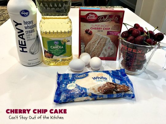 Cherry Chip Cake | Can't Stay Out of the Kitchen | this #dessert is rich & decadent. It uses #FreshCherries & #VanillaChips which dissolve into the #cake while #baking. The flavors of #cherry & #vanilla just pop in this heavenly cake. Make it now while #cherries are in season! #CakeMix #CherryChipCake #CherryChipCakeMix #CherryDessert #FreshCherryCake #Canbassador #NWCherries #NorthwestCherryGrowers