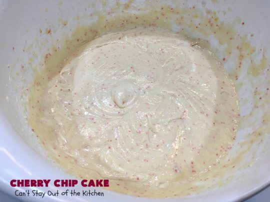 Cherry Chip Cake | Can't Stay Out of the Kitchen | this #dessert is rich & decadent. It uses #FreshCherries & #VanillaChips which dissolve into the #cake while #baking. The flavors of #cherry & #vanilla just pop in this heavenly cake. Make it now while #cherries are in season! #CakeMix #CherryChipCake #CherryChipCakeMix #CherryDessert #FreshCherryCake #Canbassador #NWCherries #NorthwestCherryGrowers