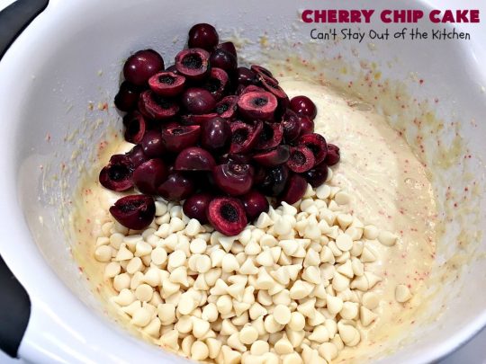 Cherry Chip Cake | Can't Stay Out of the Kitchen | this #dessert is rich & decadent. It uses #FreshCherries & #VanillaChips which dissolve into the #cake while #baking. The flavors of #cherry & #vanilla just pop in this heavenly cake. Make it now while #cherries are in season! #CakeMix #CherryChipCake #CherryChipCakeMix #CherryDessert #FreshCherryCake #Canbassador #NWCherries #NorthwestCherryGrowers