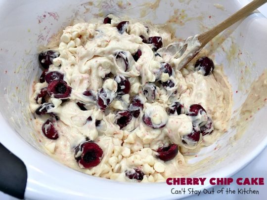 Cherry Chip Cake | Can't Stay Out of the Kitchen | this #dessert is rich & decadent. It uses #FreshCherries & #VanillaChips which dissolve into the #cake while #baking. The flavors of #cherry & #vanilla just pop in this heavenly cake. Make it now while #cherries are in season! #CakeMix #CherryChipCake #CherryChipCakeMix #CherryDessert #FreshCherryCake #Canbassador #NWCherries #NorthwestCherryGrowers