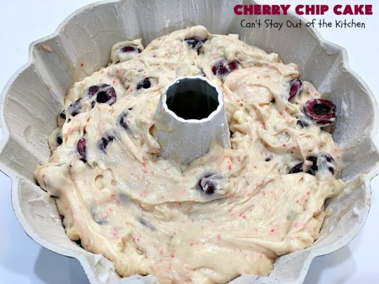 Cherry Chip Cake | Can't Stay Out of the Kitchen | this #dessert is rich & decadent. It uses #FreshCherries & #VanillaChips which dissolve into the #cake while #baking. The flavors of #cherry & #vanilla just pop in this heavenly cake. Make it now while #cherries are in season! #CakeMix #CherryChipCake #CherryChipCakeMix #CherryDessert #FreshCherryCake #Canbassador #NWCherries #NorthwestCherryGrowers