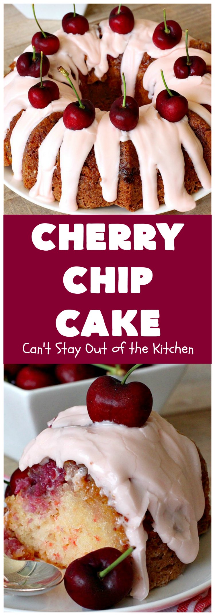 Cherry Chip Cake | Can't Stay Out of the Kitchen | this #dessert is rich & decadent. It uses #FreshCherries & #VanillaChips which dissolve into the #cake while #baking. The flavors of #cherry & #vanilla just pop in this heavenly cake. Make it now while #cherries are in season! #CakeMix #CherryChipCake #CherryChipCakeMix #CherryDessert #FreshCherryCake #Canbassador #NWCherries #NorthwestCherryGrowers