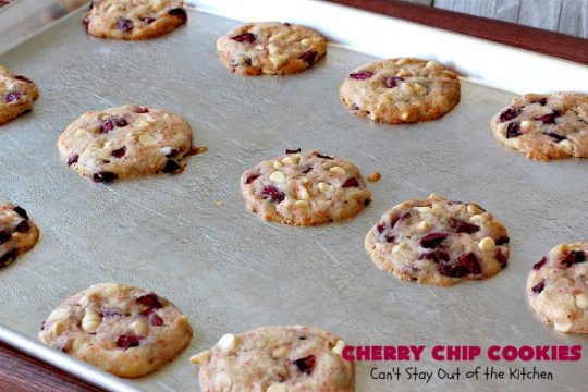 Cherry Chip Cookies | Can't Stay Out of the Kitchen | these fantastic 5-ingredient #cookies use #FreshCherries & #VanillaChips. They are totally awesome & a wonderful #summer #dessert when #cherries are in season. #FourthOfJuly #holiday #HolidayDessert #CherryDessert #CherryCookies CherryChipCookies #Canbassador #NWCherries #NorthWestCherryGrowers