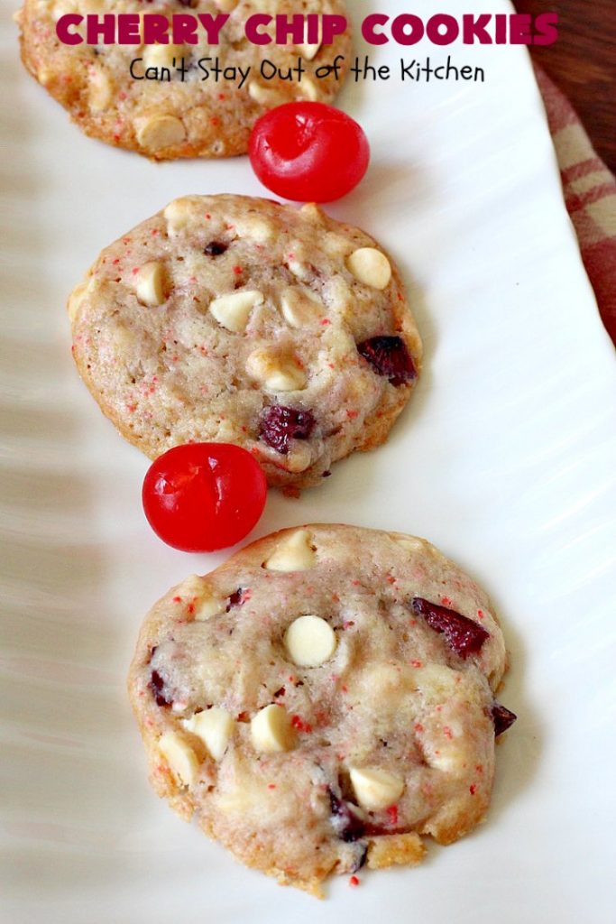 Cherry Chip Cookies | Can't Stay Out of the Kitchen | these fantastic 5-ingredient #cookies use #FreshCherries & #VanillaChips. They are totally awesome & a wonderful #summer #dessert when #cherries are in season. #FourthOfJuly #holiday #HolidayDessert #CherryDessert #CherryCookies CherryChipCookies #Canbassador #NWCherries #NorthWestCherryGrowers