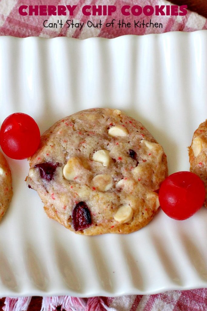 Cherry Chip Cookies | Can't Stay Out of the Kitchen | these fantastic 5-ingredient #cookies use #FreshCherries & #VanillaChips. They are totally awesome & a wonderful #summer #dessert when #cherries are in season. #FourthOfJuly #holiday #HolidayDessert #CherryDessert #CherryCookies CherryChipCookies #Canbassador #NWCherries #NorthWestCherryGrowers