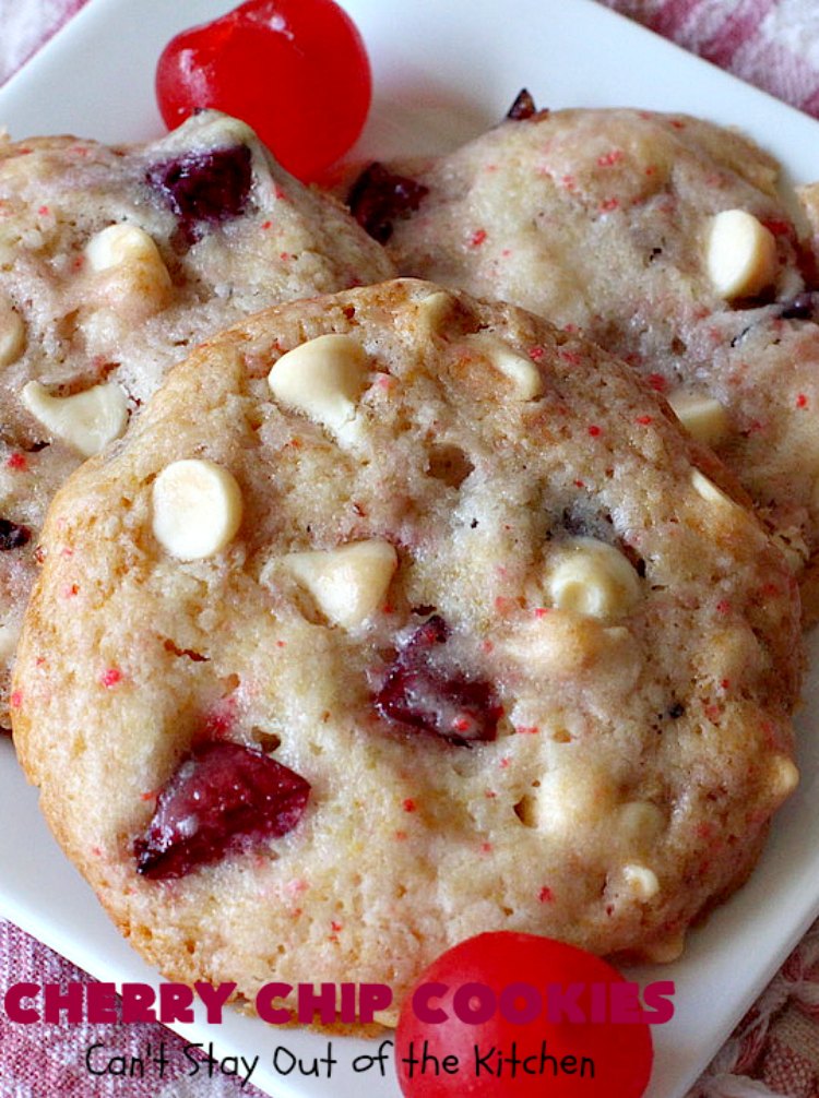 Cherry Chip Cookies | Can't Stay Out of the Kitchen | these fantastic 5-ingredient #cookies use #FreshCherries & #VanillaChips. They are totally awesome & a wonderful #summer #dessert when #cherries are in season. #FourthOfJuly #holiday #HolidayDessert #CherryDessert #CherryCookies CherryChipCookies #Canbassador #NWCherries #NorthWestCherryGrowers