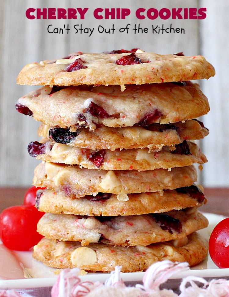 Cherry Chip Cookies | Can't Stay Out of the Kitchen | these fantastic 5-ingredient #cookies use #FreshCherries & #VanillaChips. They are totally awesome & a wonderful #summer #dessert when #cherries are in season. #FourthOfJuly #holiday #HolidayDessert #CherryDessert #CherryCookies CherryChipCookies #Canbassador #NWCherries #NorthWestCherryGrowers