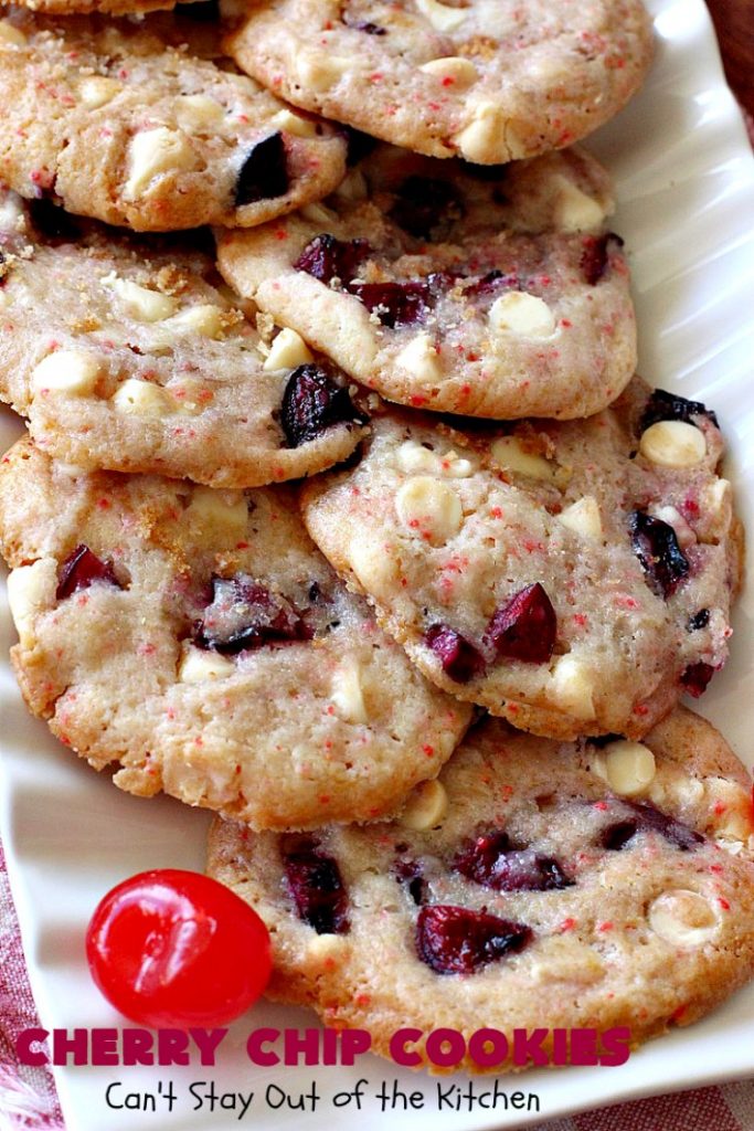 Cherry Chip Cookies | Can't Stay Out of the Kitchen | these fantastic 5-ingredient #cookies use #FreshCherries & #VanillaChips. They are totally awesome & a wonderful #summer #dessert when #cherries are in season. #FourthOfJuly #holiday #HolidayDessert #CherryDessert #CherryCookies CherryChipCookies #Canbassador #NWCherries #NorthWestCherryGrowers