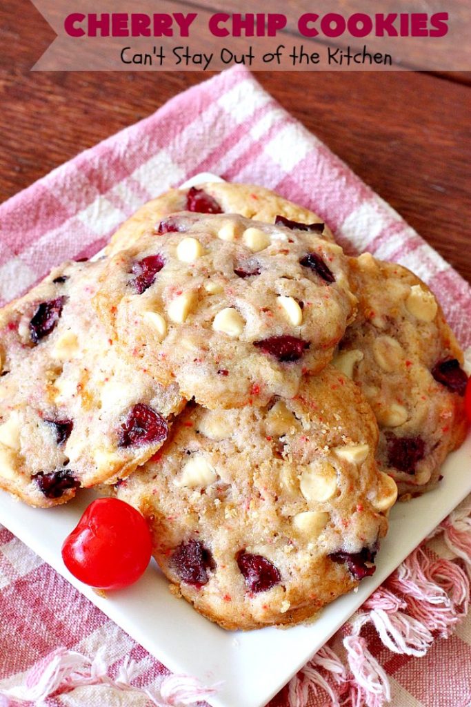 Cherry Chip Cookies | Can't Stay Out of the Kitchen | these fantastic 5-ingredient #cookies use #FreshCherries & #VanillaChips. They are totally awesome & a wonderful #summer #dessert when #cherries are in season. #FourthOfJuly #holiday #HolidayDessert #CherryDessert #CherryCookies CherryChipCookies #Canbassador #NWCherries #NorthWestCherryGrowers
