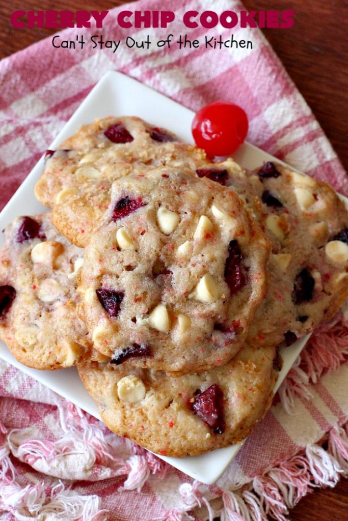 Cherry Chip Cookies | Can't Stay Out of the Kitchen | these fantastic 5-ingredient #cookies use #FreshCherries & #VanillaChips. They are totally awesome & a wonderful #summer #dessert when #cherries are in season. #FourthOfJuly #holiday #HolidayDessert #CherryDessert #CherryCookies CherryChipCookies #Canbassador #NWCherries #NorthWestCherryGrowers