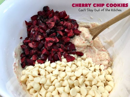 Cherry Chip Cookies | Can't Stay Out of the Kitchen | these fantastic 5-ingredient #cookies use #FreshCherries & #VanillaChips. They are totally awesome & a wonderful #summer #dessert when #cherries are in season. #FourthOfJuly #holiday #HolidayDessert #CherryDessert #CherryCookies CherryChipCookies #Canbassador #NWCherries #NorthWestCherryGrowers
