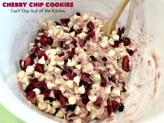 Cherry Chip Cookies | Can't Stay Out of the Kitchen | these fantastic 5-ingredient #cookies use #FreshCherries & #VanillaChips. They are totally awesome & a wonderful #summer #dessert when #cherries are in season. #FourthOfJuly #holiday #HolidayDessert #CherryDessert #CherryCookies CherryChipCookies #Canbassador #NWCherries #NorthWestCherryGrowers