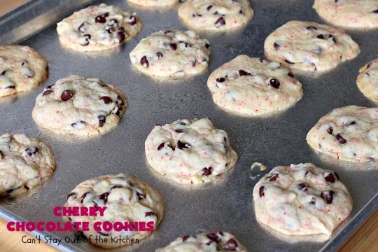 Cherry Chocolate Cookies | Can't Stay Out of the Kitchen | these delightful #cookies use only 4 ingredients! Yet they pack a powerful punch from the #CherryChipCakeMix & #ChocolateChips. Every bite will have you drooling. #chocolate #dessert #CherryCakeMix #CherryDessert #ChocolateDessert #CherryChocolateCookies #tailgating #fall #ChristmasCookieExchange #FallBaking #holidays #HolidayBaking