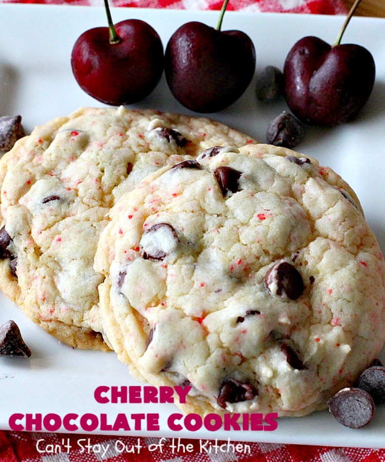 Cherry Chocolate Cookies | Can't Stay Out of the Kitchen | these delightful #cookies use only 4 ingredients! Yet they pack a powerful punch from the #CherryChipCakeMix & #ChocolateChips. Every bite will have you drooling. #chocolate #dessert #CherryCakeMix #CherryDessert #ChocolateDessert #CherryChocolateCookies #tailgating #fall #ChristmasCookieExchange #FallBaking #holidays #HolidayBaking