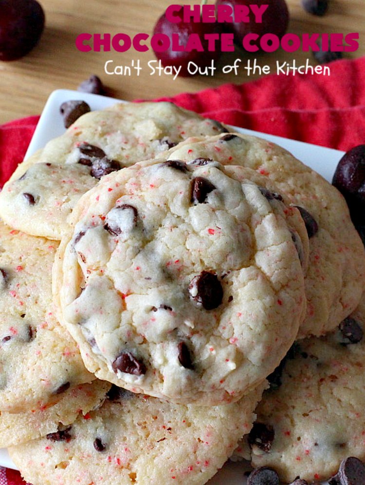 Cherry Chocolate Cookies | Can't Stay Out of the Kitchen | these delightful #cookies use only 4 ingredients! Yet they pack a powerful punch from the #CherryChipCakeMix & #ChocolateChips. Every bite will have you drooling. #chocolate #dessert #CherryCakeMix #CherryDessert #ChocolateDessert #CherryChocolateCookies #tailgating #fall #ChristmasCookieExchange #FallBaking #holidays #HolidayBaking