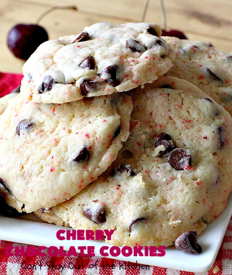 Cherry Chocolate Cookies | Can't Stay Out of the Kitchen | these delightful #cookies use only 4 ingredients! Yet they pack a powerful punch from the #CherryChipCakeMix & #ChocolateChips. Every bite will have you drooling. #chocolate #dessert #CherryCakeMix #CherryDessert #ChocolateDessert #CherryChocolateCookies #tailgating #fall #ChristmasCookieExchange #FallBaking #holidays #HolidayBaking