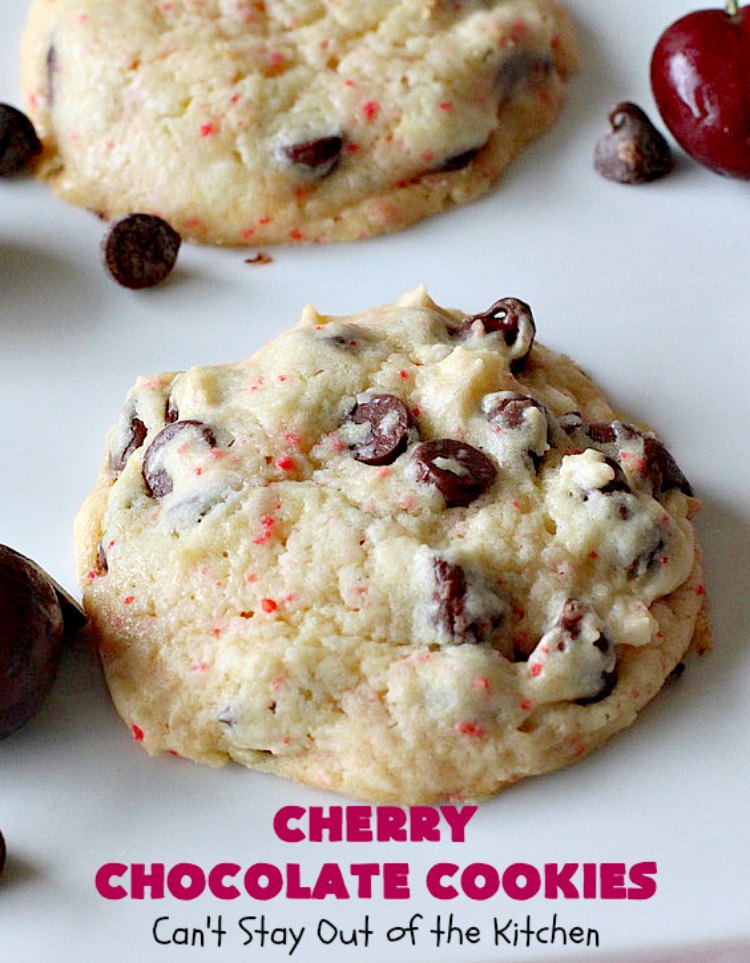 Cherry Chocolate Cookies | Can't Stay Out of the Kitchen | these delightful #cookies use only 4 ingredients! Yet they pack a powerful punch from the #CherryChipCakeMix & #ChocolateChips. Every bite will have you drooling. #chocolate #dessert #CherryCakeMix #CherryDessert #ChocolateDessert #CherryChocolateCookies #tailgating #fall #ChristmasCookieExchange #FallBaking #holidays #HolidayBaking
