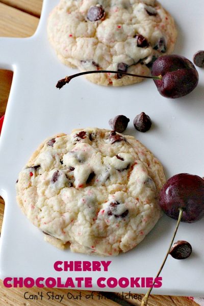 Cherry Chocolate Cookies | Can't Stay Out of the Kitchen | these delightful #cookies use only 4 ingredients! Yet they pack a powerful punch from the #CherryChipCakeMix & #ChocolateChips. Every bite will have you drooling. #chocolate #dessert #CherryCakeMix #CherryDessert #ChocolateDessert #CherryChocolateCookies #tailgating #fall #ChristmasCookieExchange #FallBaking #holidays #HolidayBaking
