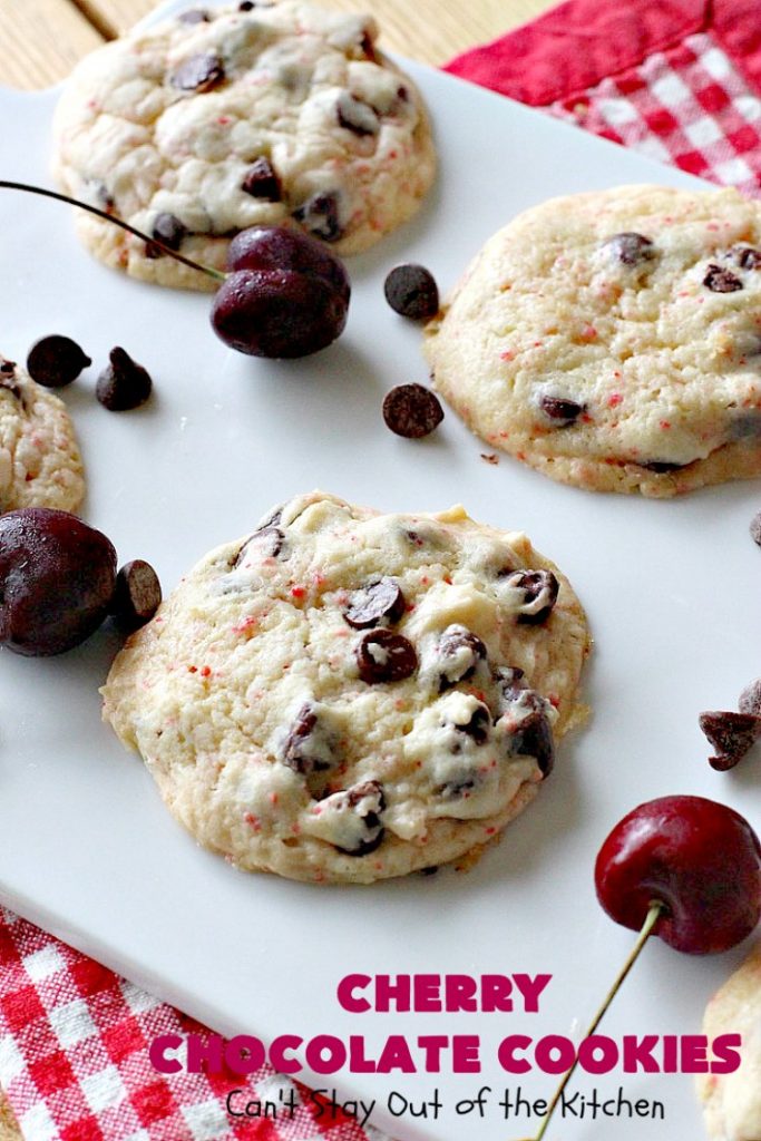 Cherry Chocolate Cookies | Can't Stay Out of the Kitchen | these delightful #cookies use only 4 ingredients! Yet they pack a powerful punch from the #CherryChipCakeMix & #ChocolateChips. Every bite will have you drooling. #chocolate #dessert #CherryCakeMix #CherryDessert #ChocolateDessert #CherryChocolateCookies #tailgating #fall #ChristmasCookieExchange #FallBaking #holidays #HolidayBaking
