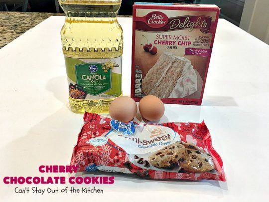 Cherry Chocolate Cookies | Can't Stay Out of the Kitchen | these delightful #cookies use only 4 ingredients! Yet they pack a powerful punch from the #CherryChipCakeMix & #ChocolateChips. Every bite will have you drooling. #chocolate #dessert #CherryCakeMix #CherryDessert #ChocolateDessert #CherryChocolateCookies #tailgating #fall #ChristmasCookieExchange #FallBaking #holidays #HolidayBaking