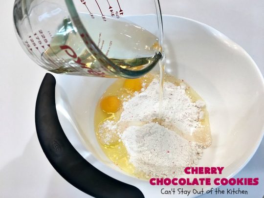Cherry Chocolate Cookies | Can't Stay Out of the Kitchen | these delightful #cookies use only 4 ingredients! Yet they pack a powerful punch from the #CherryChipCakeMix & #ChocolateChips. Every bite will have you drooling. #chocolate #dessert #CherryCakeMix #CherryDessert #ChocolateDessert #CherryChocolateCookies #tailgating #fall #ChristmasCookieExchange #FallBaking #holidays #HolidayBaking