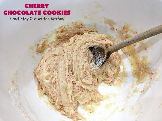 Cherry Chocolate Cookies | Can't Stay Out of the Kitchen | these delightful #cookies use only 4 ingredients! Yet they pack a powerful punch from the #CherryChipCakeMix & #ChocolateChips. Every bite will have you drooling. #chocolate #dessert #CherryCakeMix #CherryDessert #ChocolateDessert #CherryChocolateCookies #tailgating #fall #ChristmasCookieExchange #FallBaking #holidays #HolidayBaking