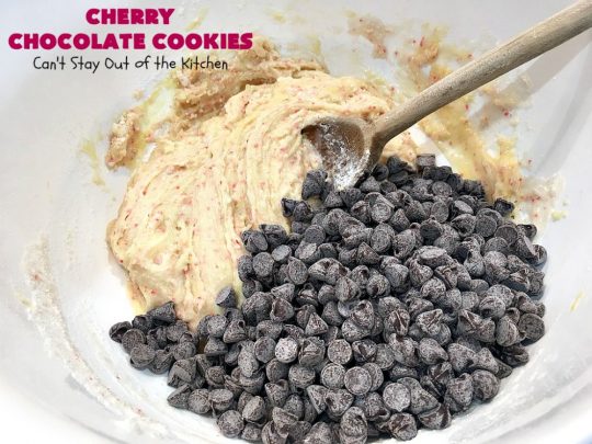 Cherry Chocolate Cookies | Can't Stay Out of the Kitchen | these delightful #cookies use only 4 ingredients! Yet they pack a powerful punch from the #CherryChipCakeMix & #ChocolateChips. Every bite will have you drooling. #chocolate #dessert #CherryCakeMix #CherryDessert #ChocolateDessert #CherryChocolateCookies #tailgating #fall #ChristmasCookieExchange #FallBaking #holidays #HolidayBaking