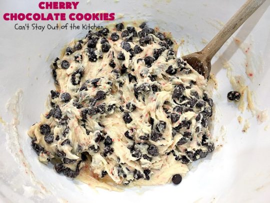 Cherry Chocolate Cookies | Can't Stay Out of the Kitchen | these delightful #cookies use only 4 ingredients! Yet they pack a powerful punch from the #CherryChipCakeMix & #ChocolateChips. Every bite will have you drooling. #chocolate #dessert #CherryCakeMix #CherryDessert #ChocolateDessert #CherryChocolateCookies #tailgating #fall #ChristmasCookieExchange #FallBaking #holidays #HolidayBaking