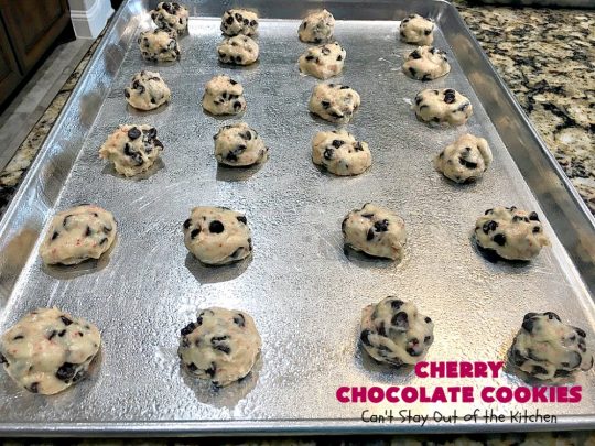 Cherry Chocolate Cookies | Can't Stay Out of the Kitchen | these delightful #cookies use only 4 ingredients! Yet they pack a powerful punch from the #CherryChipCakeMix & #ChocolateChips. Every bite will have you drooling. #chocolate #dessert #CherryCakeMix #CherryDessert #ChocolateDessert #CherryChocolateCookies #tailgating #fall #ChristmasCookieExchange #FallBaking #holidays #HolidayBaking