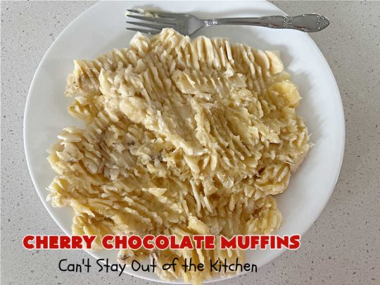 Cherry Chocolate Muffins | Can't Stay Out of the Kitchen | Every sweet tooth craving will be satisfied by one bite of these sensational #muffins. They're filled with #CandiedCherries & miniature #ChocolateChips. #Bananas & #applesauce keep the muffins moist. They're perfect for any #brunch or #breakfast #menu, as snacks to take to sports practices, for #tailgating parties or #potlucks. Everyone will want seconds. #chocolate #cherries #holiday #CherryMuffins #HolidayBreakfast #ChocolateMuffins #CherryChocolateMuffins