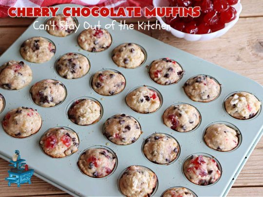 Cherry Chocolate Muffins | Can't Stay Out of the Kitchen | Every sweet tooth craving will be satisfied by one bite of these sensational #muffins. They're filled with #CandiedCherries & miniature #ChocolateChips. #Bananas & #applesauce keep the muffins moist. They're perfect for any #brunch or #breakfast #menu, as snacks to take to sports practices, for #tailgating parties or #potlucks. Everyone will want seconds. #chocolate #cherries #holiday #CherryMuffins #HolidayBreakfast #ChocolateMuffins #CherryChocolateMuffins