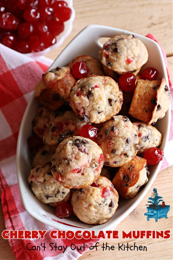 Cherry Chocolate Muffins | Can't Stay Out of the Kitchen | Every sweet tooth craving will be satisfied by one bite of these sensational #muffins. They're filled with #CandiedCherries & miniature #ChocolateChips. #Bananas & #applesauce keep the muffins moist. They're perfect for any #brunch or #breakfast #menu, as snacks to take to sports practices, for #tailgating parties or #potlucks. Everyone will want seconds. #chocolate #cherries #holiday #CherryMuffins #HolidayBreakfast #ChocolateMuffins #CherryChocolateMuffins