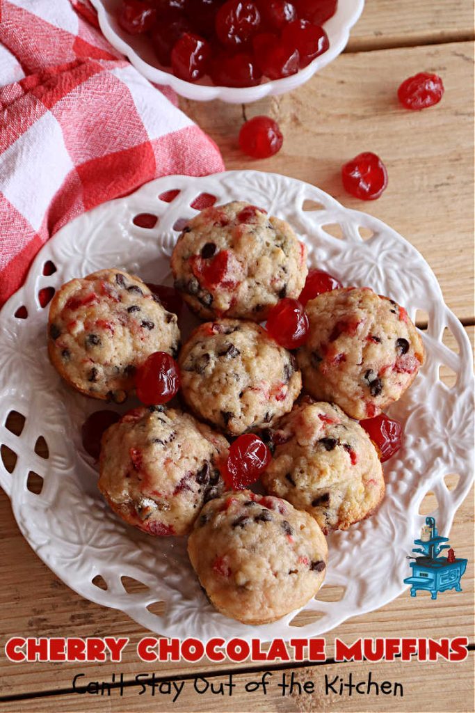 Cherry Chocolate Muffins | Can't Stay Out of the Kitchen | Every sweet tooth craving will be satisfied by one bite of these sensational #muffins. They're filled with #CandiedCherries & miniature #ChocolateChips. #Bananas & #applesauce keep the muffins moist. They're perfect for any #brunch or #breakfast #menu, as snacks to take to sports practices, for #tailgating parties or #potlucks. Everyone will want seconds. #chocolate #cherries #holiday #CherryMuffins #HolidayBreakfast #ChocolateMuffins #CherryChocolateMuffins