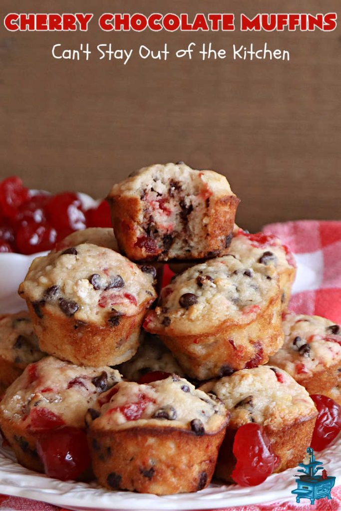 Cherry Chocolate Muffins | Can't Stay Out of the Kitchen | Every sweet tooth craving will be satisfied by one bite of these sensational #muffins. They're filled with #CandiedCherries & miniature #ChocolateChips. #Bananas & #applesauce keep the muffins moist. They're perfect for any #brunch or #breakfast #menu, as snacks to take to sports practices, for #tailgating parties or #potlucks. Everyone will want seconds. #chocolate #cherries #holiday #CherryMuffins #HolidayBreakfast #ChocolateMuffins #CherryChocolateMuffins