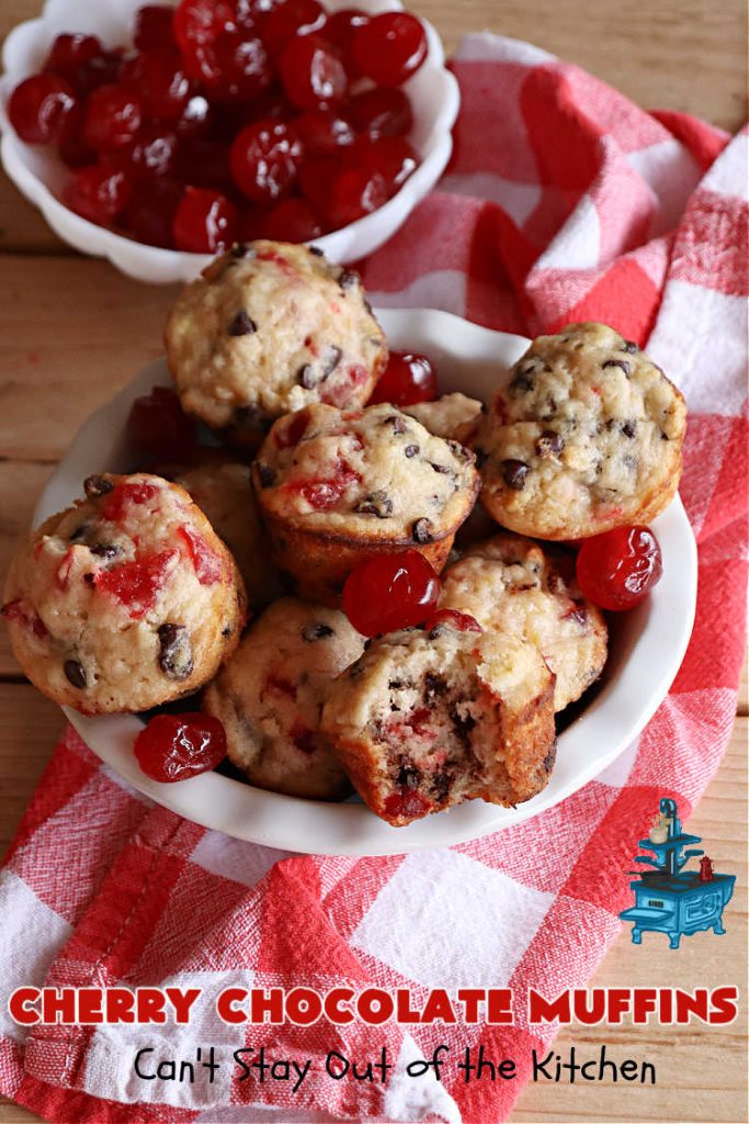 Cherry Chocolate Muffins | Can't Stay Out of the Kitchen | Every sweet tooth craving will be satisfied by one bite of these sensational #muffins. They're filled with #CandiedCherries & miniature #ChocolateChips. #Bananas & #applesauce keep the muffins moist. They're perfect for any #brunch or #breakfast #menu, as snacks to take to sports practices, for #tailgating parties or #potlucks. Everyone will want seconds. #chocolate #cherries #holiday #CherryMuffins #HolidayBreakfast #ChocolateMuffins #CherryChocolateMuffins